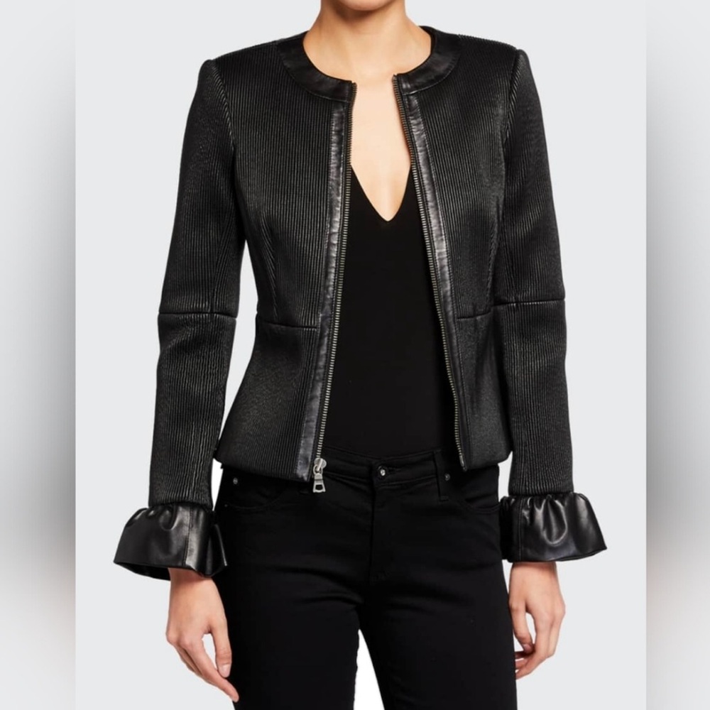 Alice + Olivia Jonie Black Women's leather Jacket with Ruffle Cuffs. Size S. New